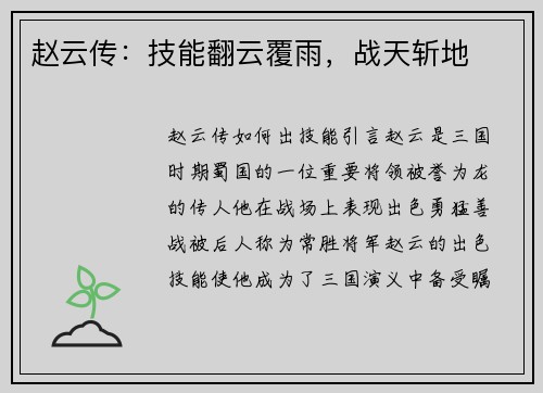 赵云传：技能翻云覆雨，战天斩地