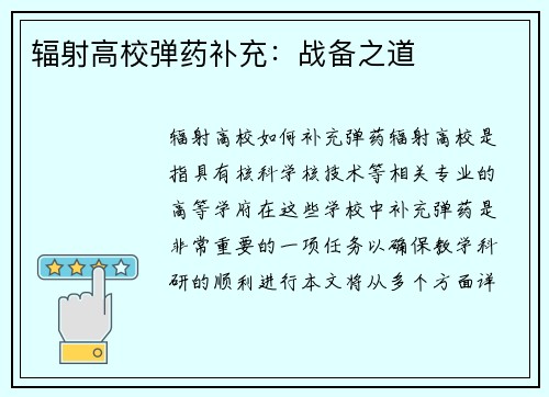 辐射高校弹药补充：战备之道